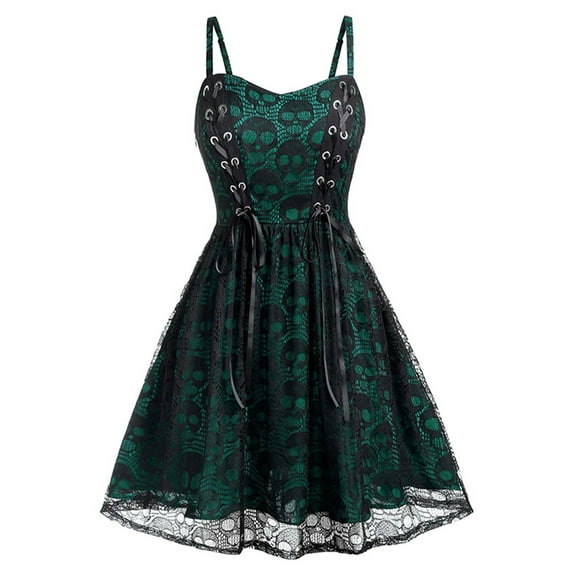 DYMADE Women Halloween Skull Strap Lace Splice Sexy A-line Dress
