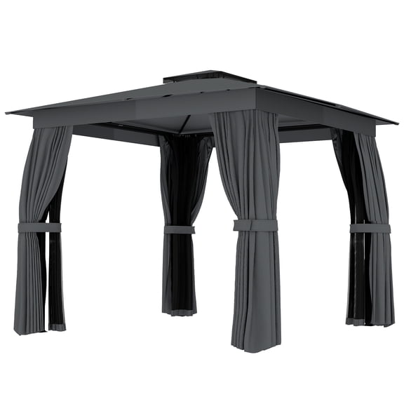 10' x 10' Outdoor Patio Gazebo, Soft Top Gazebo Canopy Shelter with Curtains, Netting, Steel Frame, Hook, Dark Gray