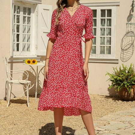 

jsaierl Women s Fashion Causual V-Neck Chiffon Floral Boho Beach Short Sleeve Dress for Women 2022