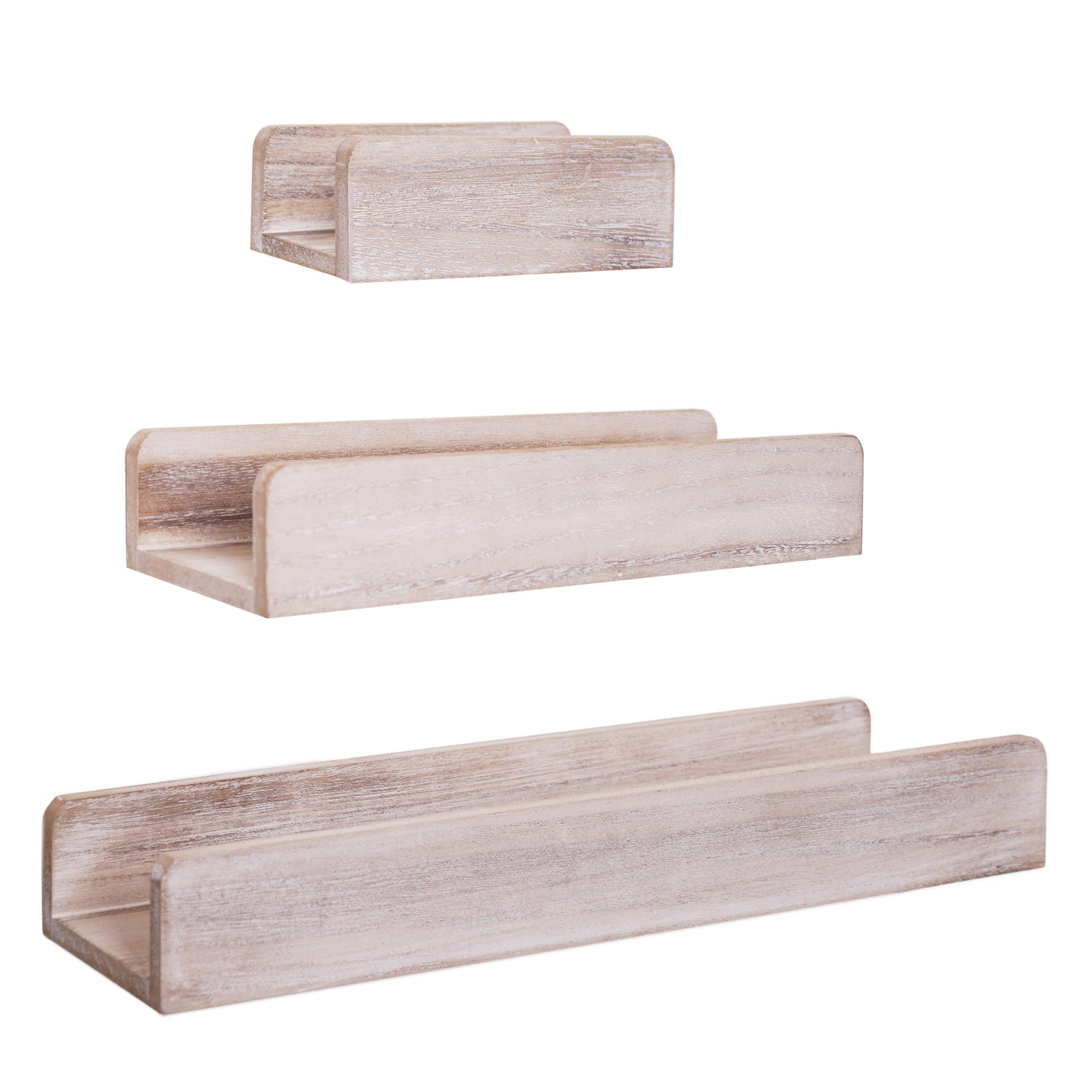 Natural Whitewashed Distressed Wood U-Shaped Farmhouse Floating Shelves Set of 3