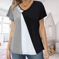 thumbnail image 3 of Women Contrast Color T Shirt V Neck Printed T Shirt Summer Casual Short Sleeve Tops Light Gray L, 3 of 6