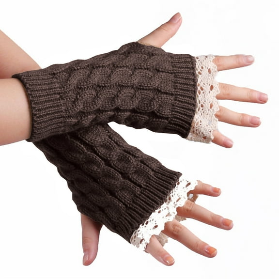 Xfvqtps Fingerless Gloves for Womens Lace Thumb Hole Ribbed Medium Length Arm Warmer Knitting Crochet Solid Color Fashion Thermal Warm Winter Mittens Coffee
