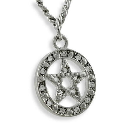 Polished Chrome Rhinestone Accented Pentacle Necklace 16 Inch
