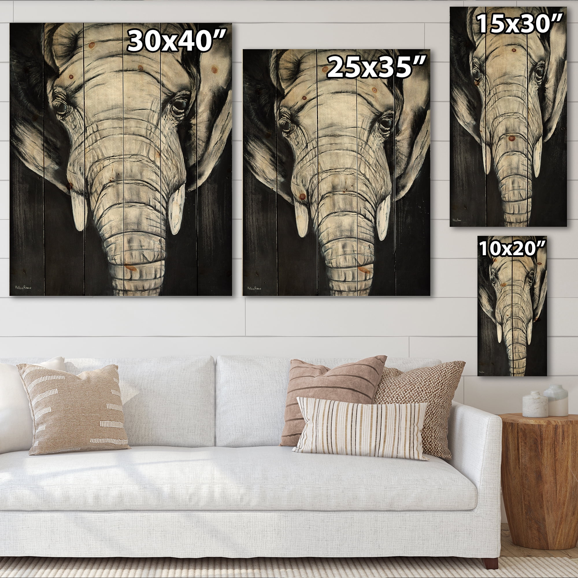 Designart 'The Close Up Portrait Of An African Elephant' Farmhouse Print on Natural Pine Wood