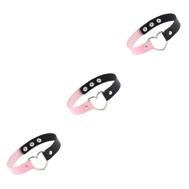 Collar colorido Qarigey Estilo japonés Gargantillas de cuero Corazón Negro + negro + rosa 3Conjunto