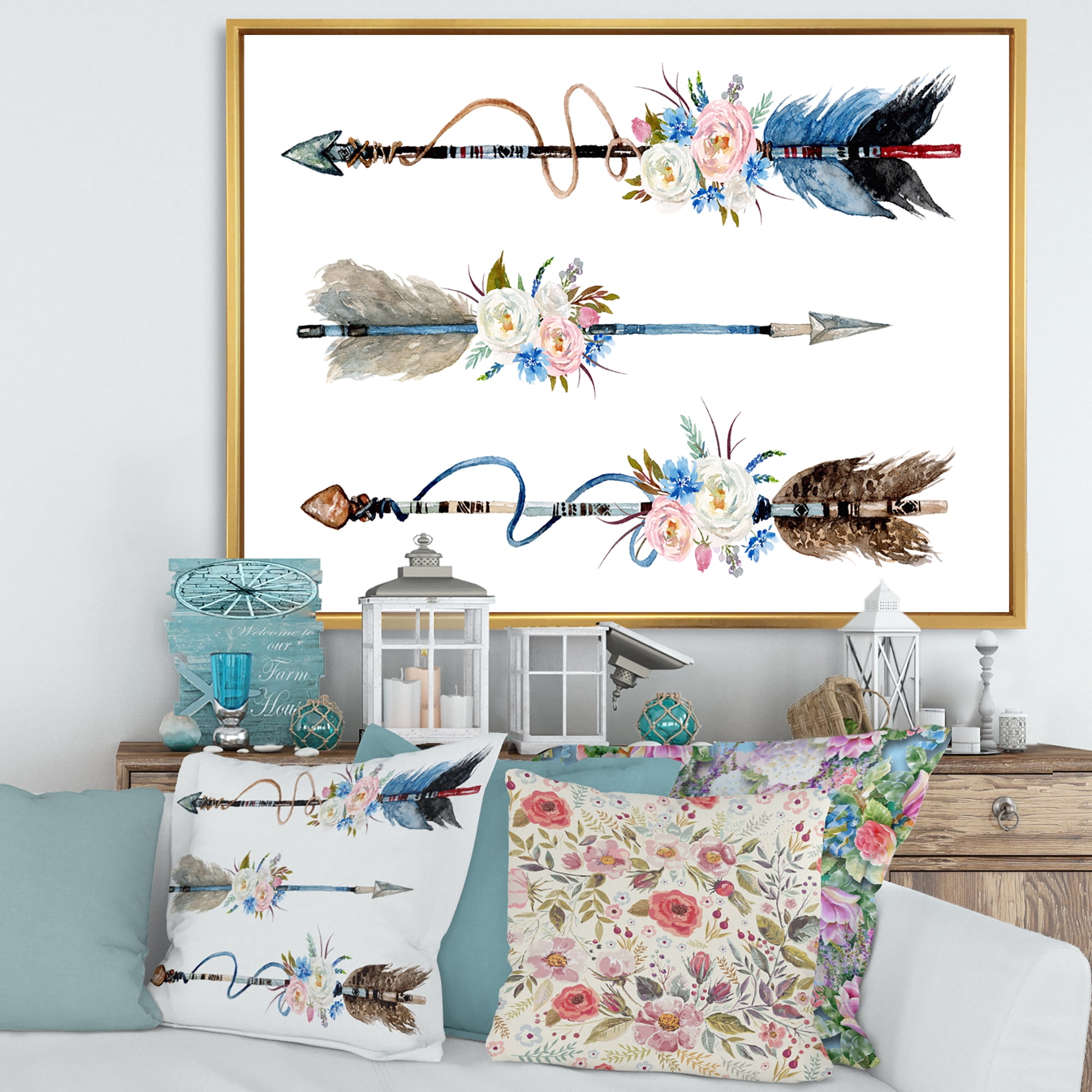 Designart 'Flowers and Ethnic Feathers On Native Arrows I' Bohemian & Eclectic Framed Canvas Wall Art Print