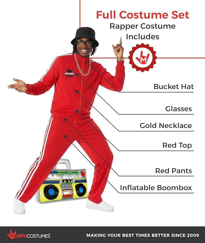 Morph Mens 90s Hip Hop Tracksuit Costume with Accessories, Red, XL