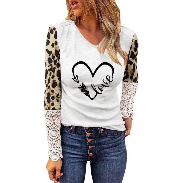 Mujeres Casual Día de San Valentín Impreso Leopardo Patchwork O-cuello Encaje Manga larga Jersey Blusa Camiseta Tops Fridja hkj341