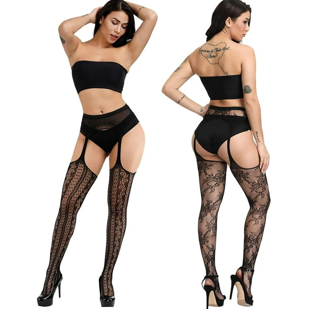 Plus Size Fishnet Stockings, Black Fishnets Tights Thigh High Stockings  Suspender Pantyhose 4 Pack 