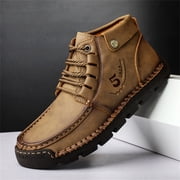 Xfvqtps Mens Ankle Boots British Large High Top Outdoor Loafers Lace Up Motorcycle Cowhide Fashion Casual Shoes Leather Shoes Trendy Large Size Breathable Driving Shoes Khaki
