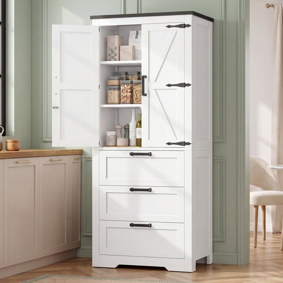 Tall Farmhouse Storage Cabinet with 2 Barn Door & 3 Large Drawers, Freestanding Pantry Cabinet with 3 Shelves, Storage Cabinet for Living Room, Kitchen, Bathroom, White