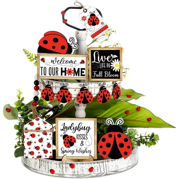 Decorate The Tray Promotion Sale! Ladybird Tiered Tray Decorations Spring Summer Ladybird Wooden Sign Ladybird Table Top Decor Red Farmhouse Ladybird for Home Kitchen Shelf Display Holiday