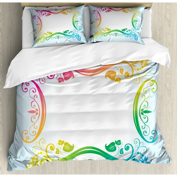 Vintage Rainbow Queen Size Duvet Cover Set, Victorian Style Swirls Flowers and Foliage Leaves Colorful Classic Motifs, Decorative 3 Piece Bedding Set with 2 Pillow Shams, Multicolor, by Ambesonne