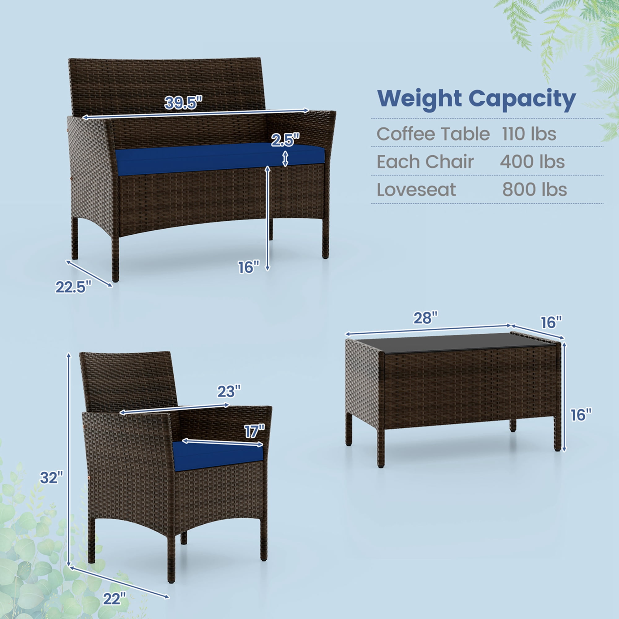 Costway 8 PCS Patio Furniture Set with Washable Cushions and Tempered Glass Coffee Table Navy
