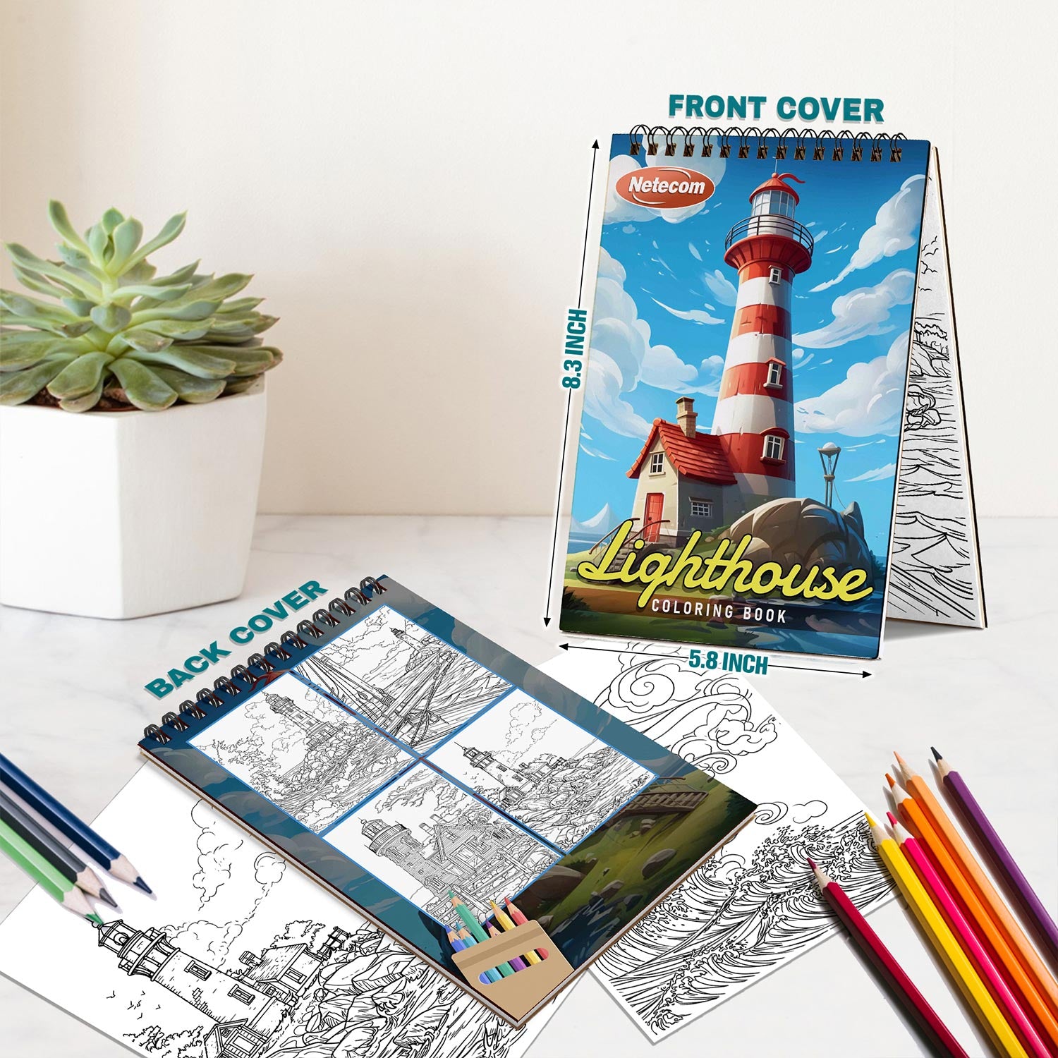 Netecom Lighthouse Coloring Book for Adults, Spiral Bound Edition, A5 Wooden Cover, 30 Serene Coloring Pages of Guiding Light for Stress Relief and Relaxation