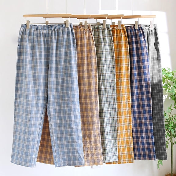 Txeol Mens Plaid Cotton Pants Lightweight Elastic Waist Pajama Bottoms with Pockets Casual Straight Leg Pants,Black,L