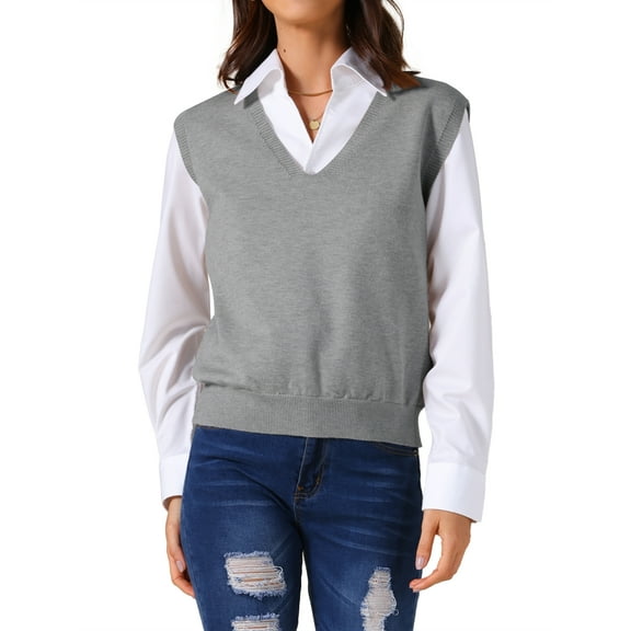 INSPIRE CHIC Women's Sweater Vest V Neck Sleeveless Uniform Classic Knitted Pullover Tops S Grey