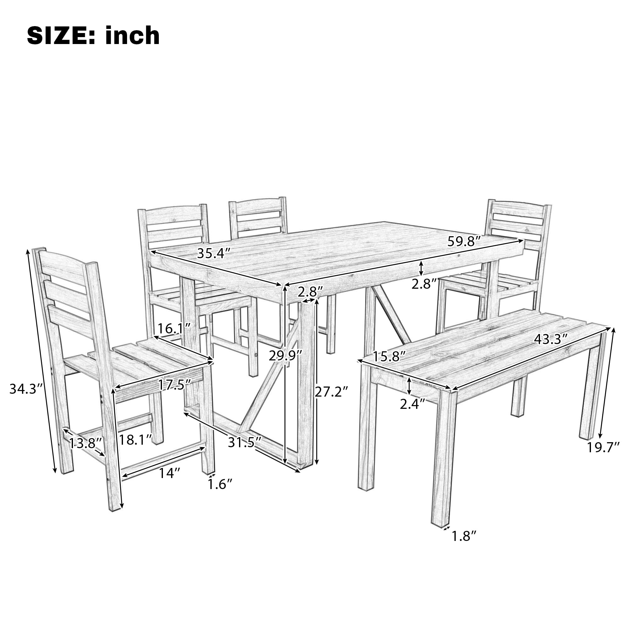 6-Piece Outdoor Acacia Wood Dining Set, Patio Table & Chair Set with Bench, Natural Wood Furniture for Garden, Backyard, Balcony, Poolside
