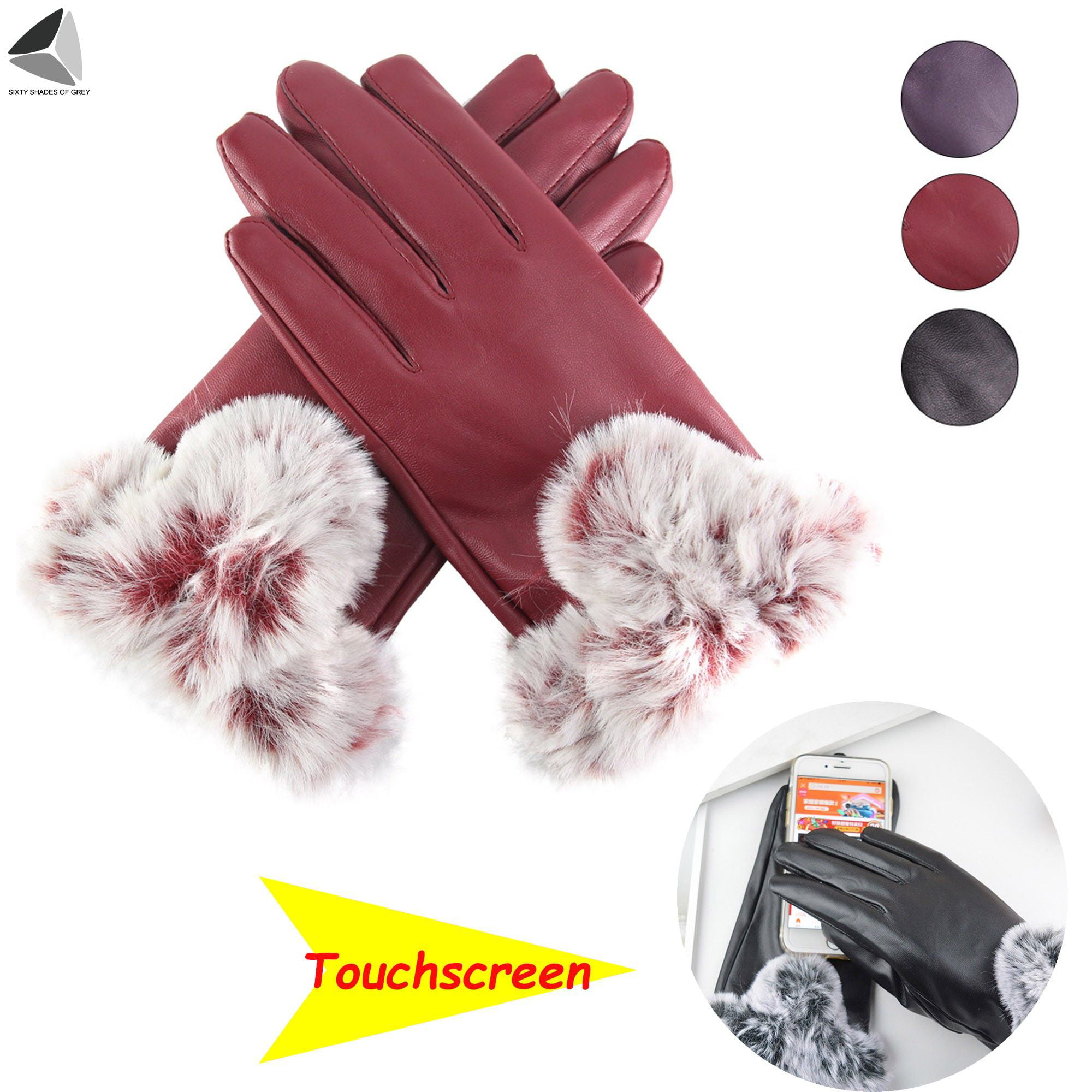 1Pair Women Winter Gloves Mittens Warm PU Leather Rabbit Fur Balls Female Gloves