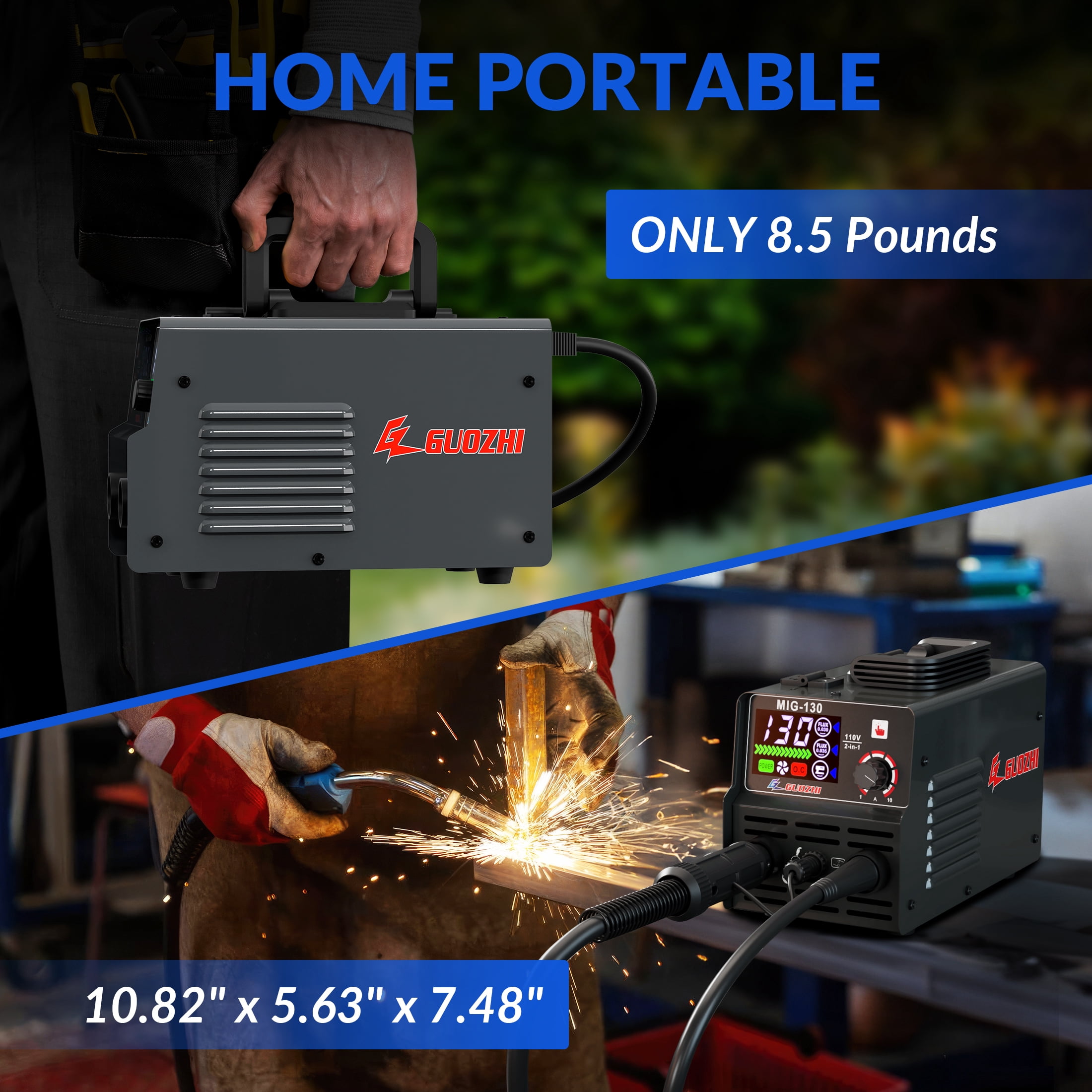 GZ GUOZHI 130A Portable MIG Welder,110V 2 in 1 Gasless Flux Core MIG/Stick Welding Machine with Large LED Display (8.5 LB)