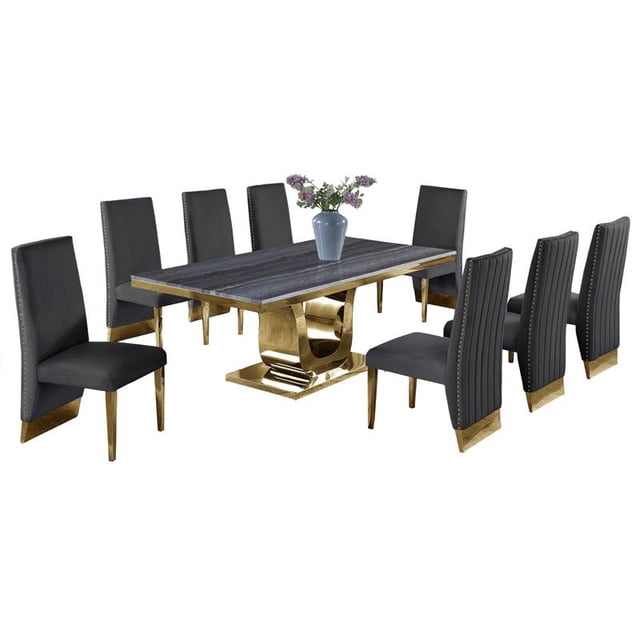 Gray Marble Dining Set with Gold Stainless Steel and Gray Velvet Chairs
