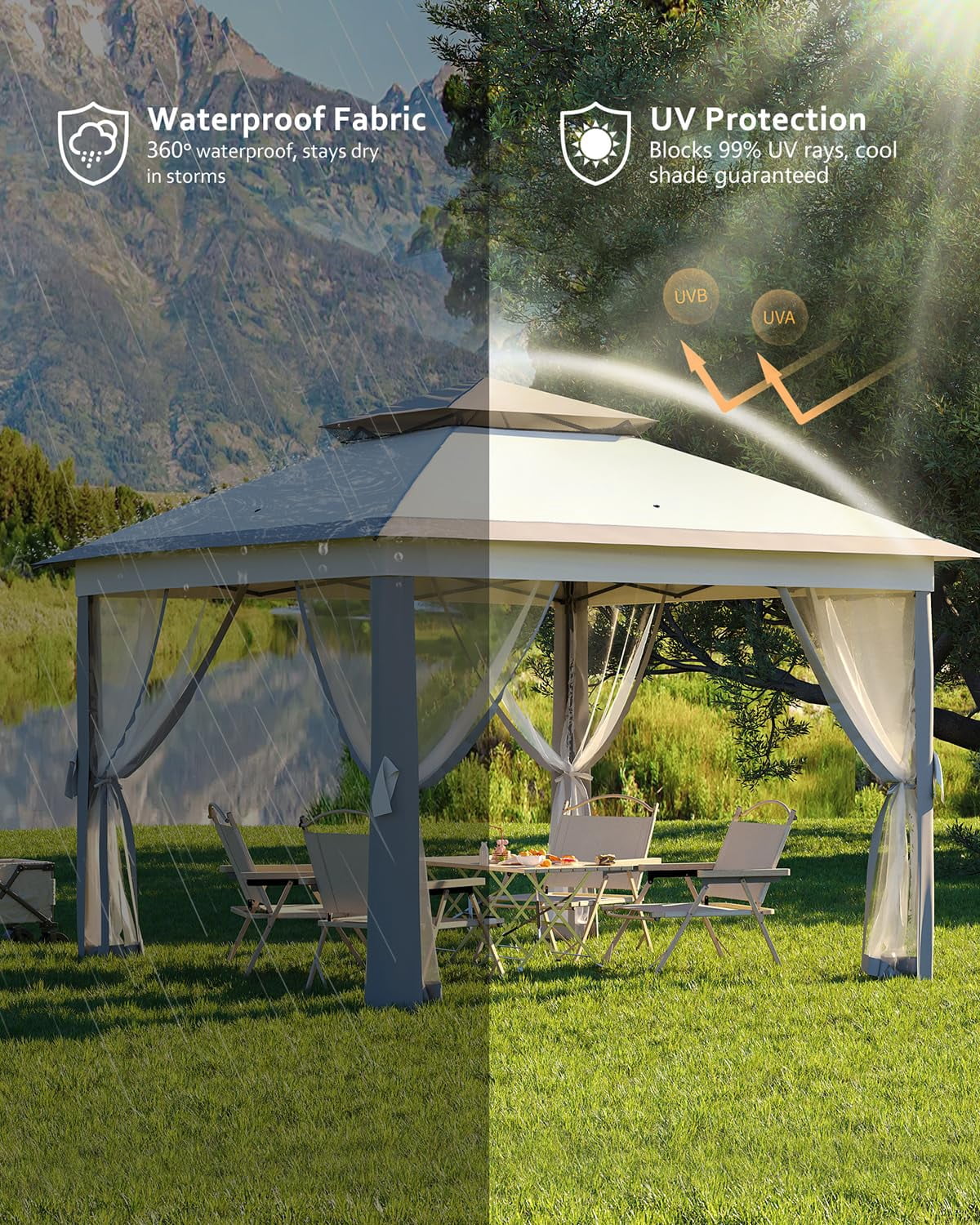 11x11ft Heavy Duty Pop Up Outdoor Gazebo Tent – Double Roof, Mosquito Netting, Water & UV Resistant, Sturdy Metal Frame, Easy Setup – Patio, Garden, Backyard, Deck