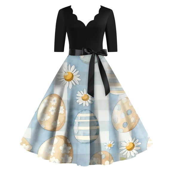 LWavelet Women's 3/4 Sleeve Scalloped Neck Fit-and-Flare Dress, Bunny & Easter Egg Basket Print with Satin Bow Belt for Easter & Party Outfits Sky Blue 2XL