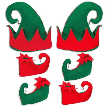 4E's Novelty Christmas Santa Elf Shoes & Hat Costume Accessories Set, Red and Green, 2 Hats 4 Pairs Shoes