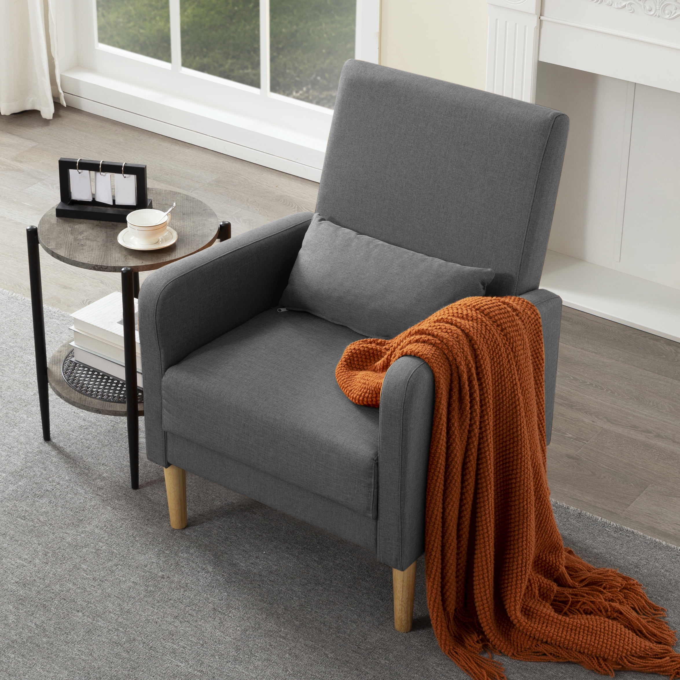Gewnee 26.5"Accent Chair,Linen Fabric Upholstered Comfy Armchair with Solid Wood Frame & High Back,Single Chair for Living Room,Apartment,Office.Dark Grey