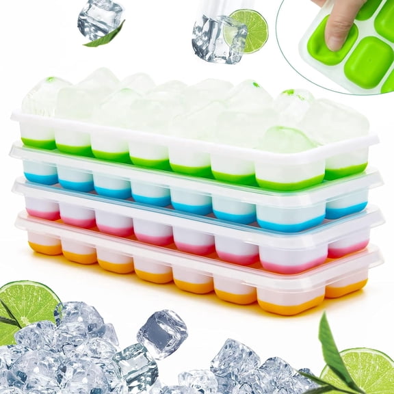 4 Pack Ice Cube Trays with Lids, 56 Cubes Stackable Ice Cube Trays with Removable Lids for Freezer Silicone Ice Tray for Cocktails, Coffee, Beverages