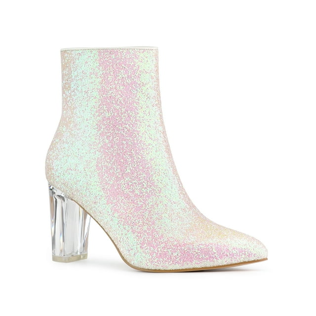 Unique Bargains Bottines à Paillettes à Talon Bloc Transparent pour Femme Bling Blanc (Taille 9,5)