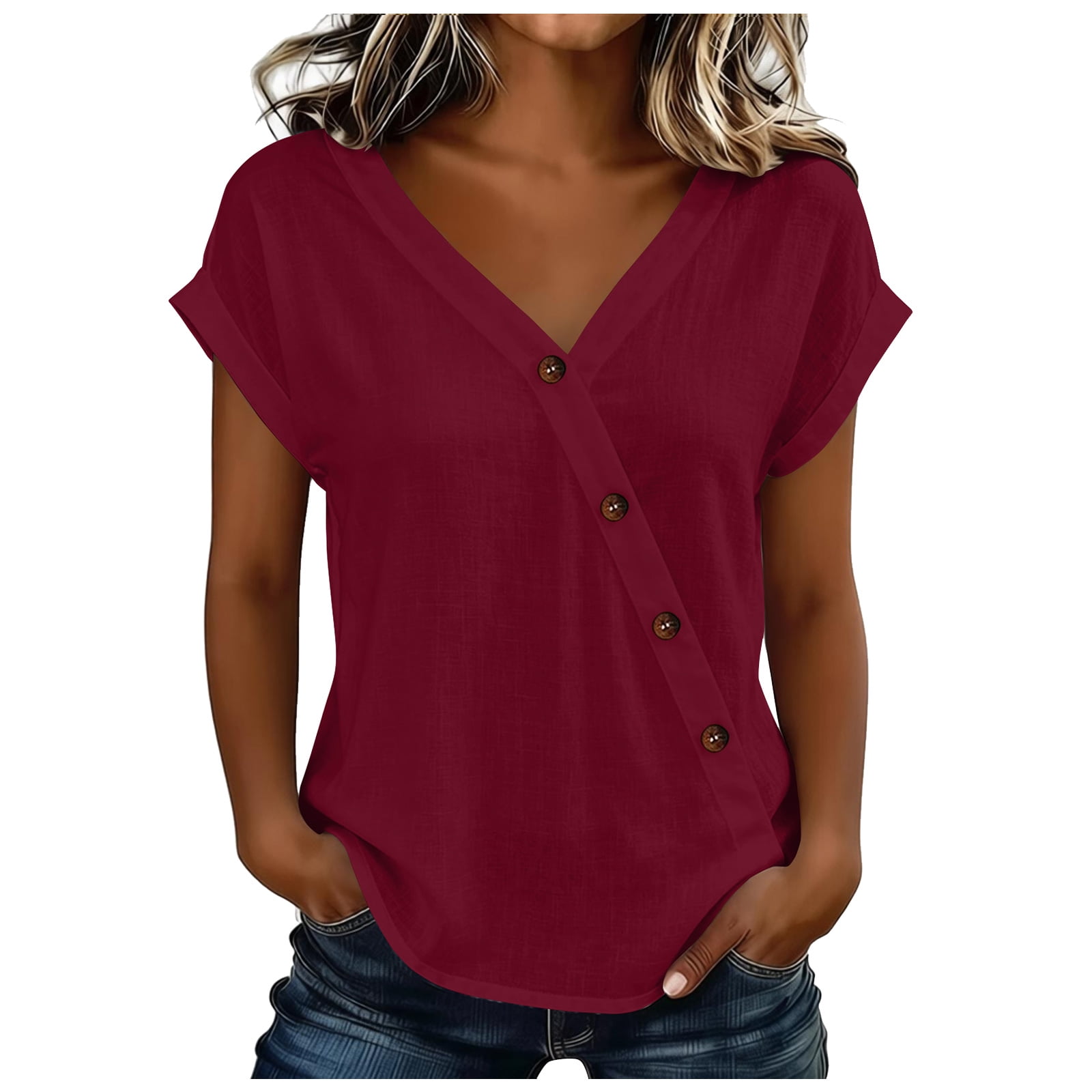 トップス TRUDY V-neck pearl button blouse 2DXuixsh Women Casual Solid Color V Neck Short Sleeve Ruffle