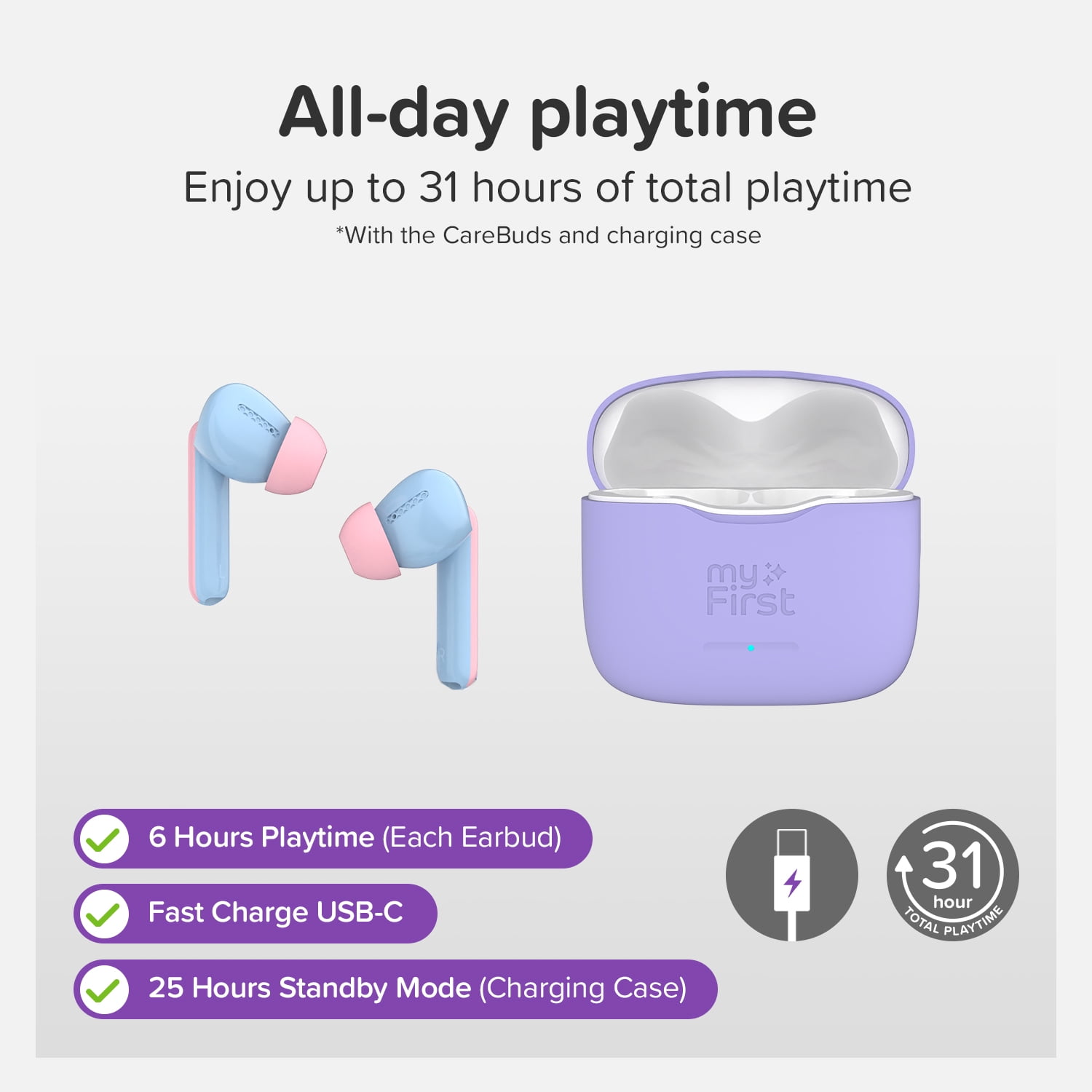 myFirst CareBuds (Cotton Candy) Kids Wireless Earbuds with 85dB Volume Limit, Built-in Mic, 6 Ear Tips, Anti-Lost Strap Easy Pairing, Gift for Kids 4-15