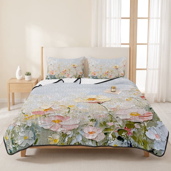 Queen Quilt Set, Pastel Blooms Flower Lightweight Quilt Sets Summer Comforter Coverlets with 2 Pillow Shams, Oil Painting Style Garden Flora Breathable 3 Piece Bedding Set for All Seasons