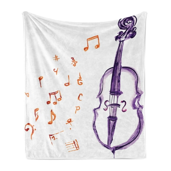 Music Soft Flannel Fleece Blanket, Musical Notes Instrument Violin Cello in Watercolors Style White Backdrop Print, Cozy Plush for Indoor and Outdoor Use, 50" x 60", Purple and Red, by Ambesonne