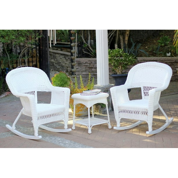 3-Piece Ariel White Resin Wicker Patio Rocker Chairs and Table