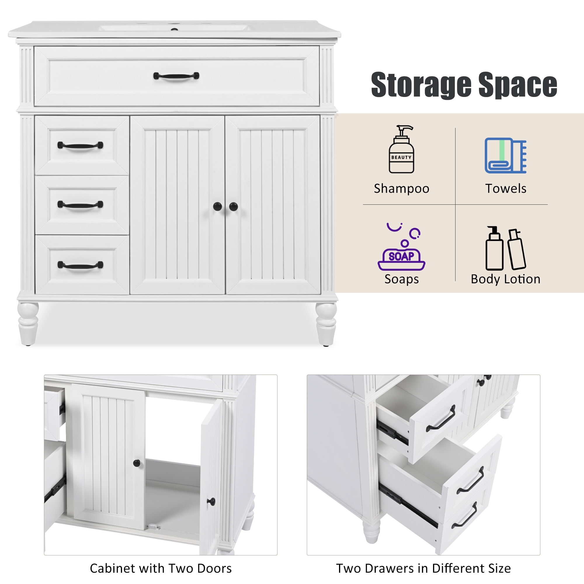 Harper & Bright Designs 36" Bathroom Vanity Sink Combo, Bathroom storage Cabinet with Drawers, Single Sink Bathroom Vanity, White