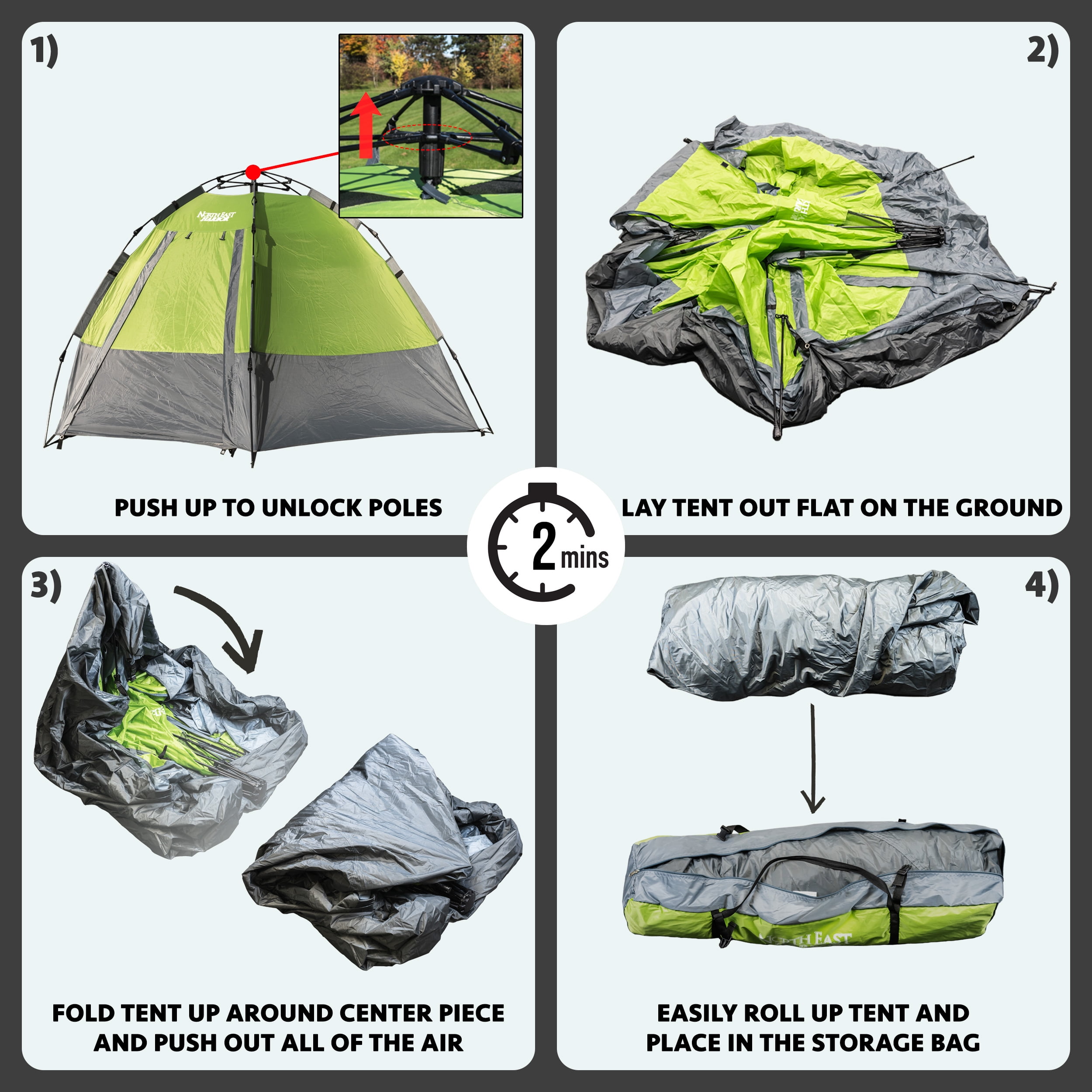 NEH 5-Person Camping Tent Instant Setup Waterproof Double Layered Material,  Green, 8.9'L x 8.9'W x 5.25'H, Portable Carry Bag Included 