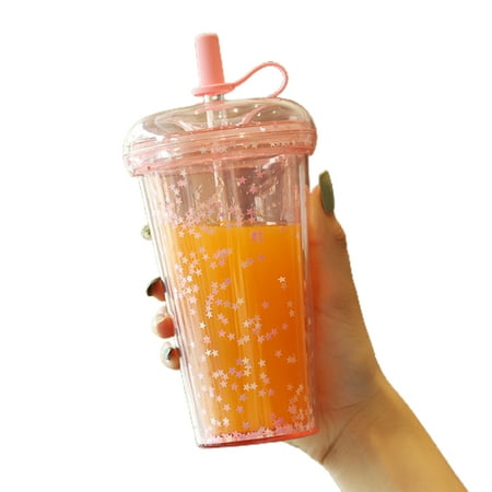 

420ml Reusable Sparkling Glitter Cup with Lid Straw Transparent Sequins Water Bottle Cute Plastic Double Layer Drink Mug