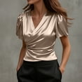 thumbnail image 2 of Htigea Women's Satin Wrap V-Neck Shirt Short Sleeve Elegant Dressy Office Work Tops for Summer Rose Gold XL, 2 of 7