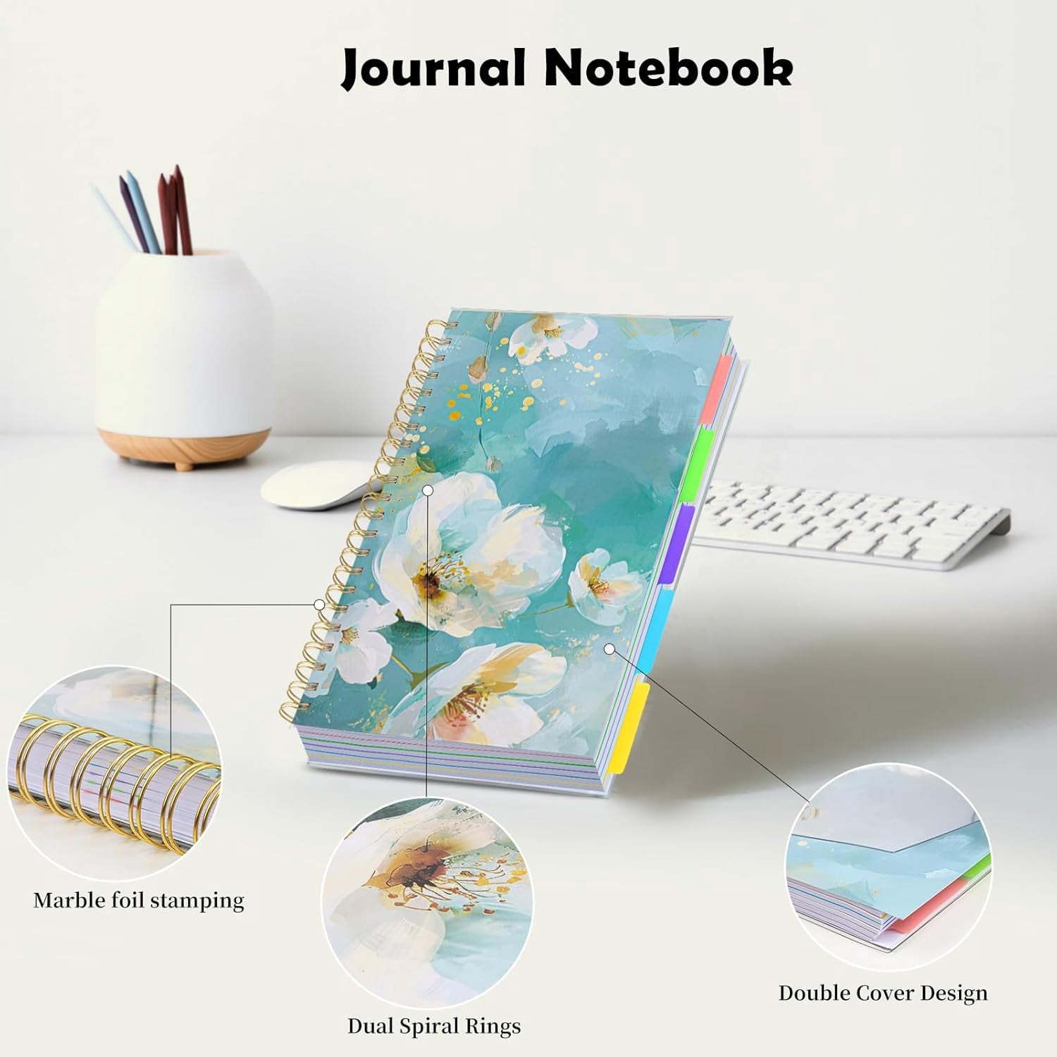 5 Subject Notebook College Ruled, A5 Spiral Notebook with Removable Pocket Dividers Tabs, Lined Organizer Notebook Journal for Women, 240 Pages Notebooks for Work School Note Taking, Green Floral