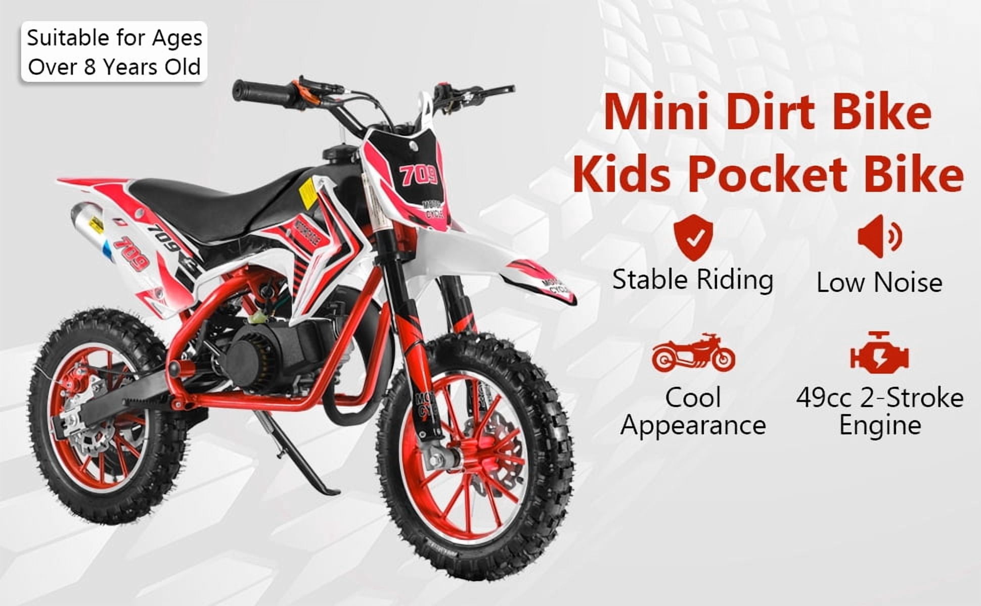 Korogimeeet 49cc 2-Stroke Red Mini Motocross, Gas Powered Off-Road Bike, 10 Inch Anti-Slip Tires, Front Rear Disc Brakes, 30KM/H Max Speed, 1.8L Fuel Tank, 150kg Load, 47 x 28 x 26 Inch