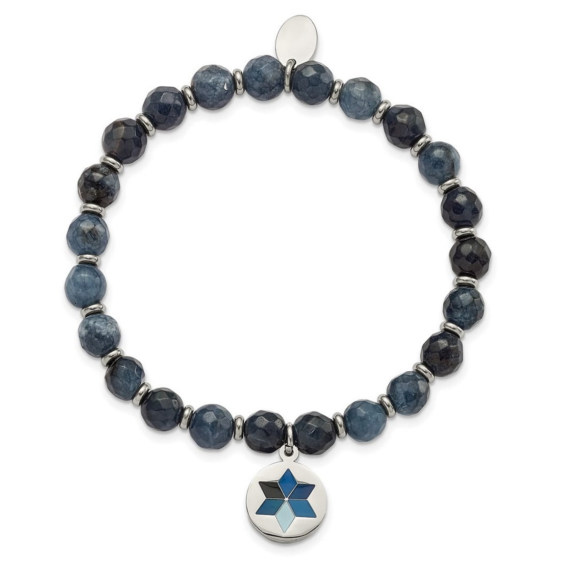 Stainless Steel Polished Enameled Flower Charm 6mm Blue Dyed Jade Beaded Stretch Bracelet Charm Bracelet for Women