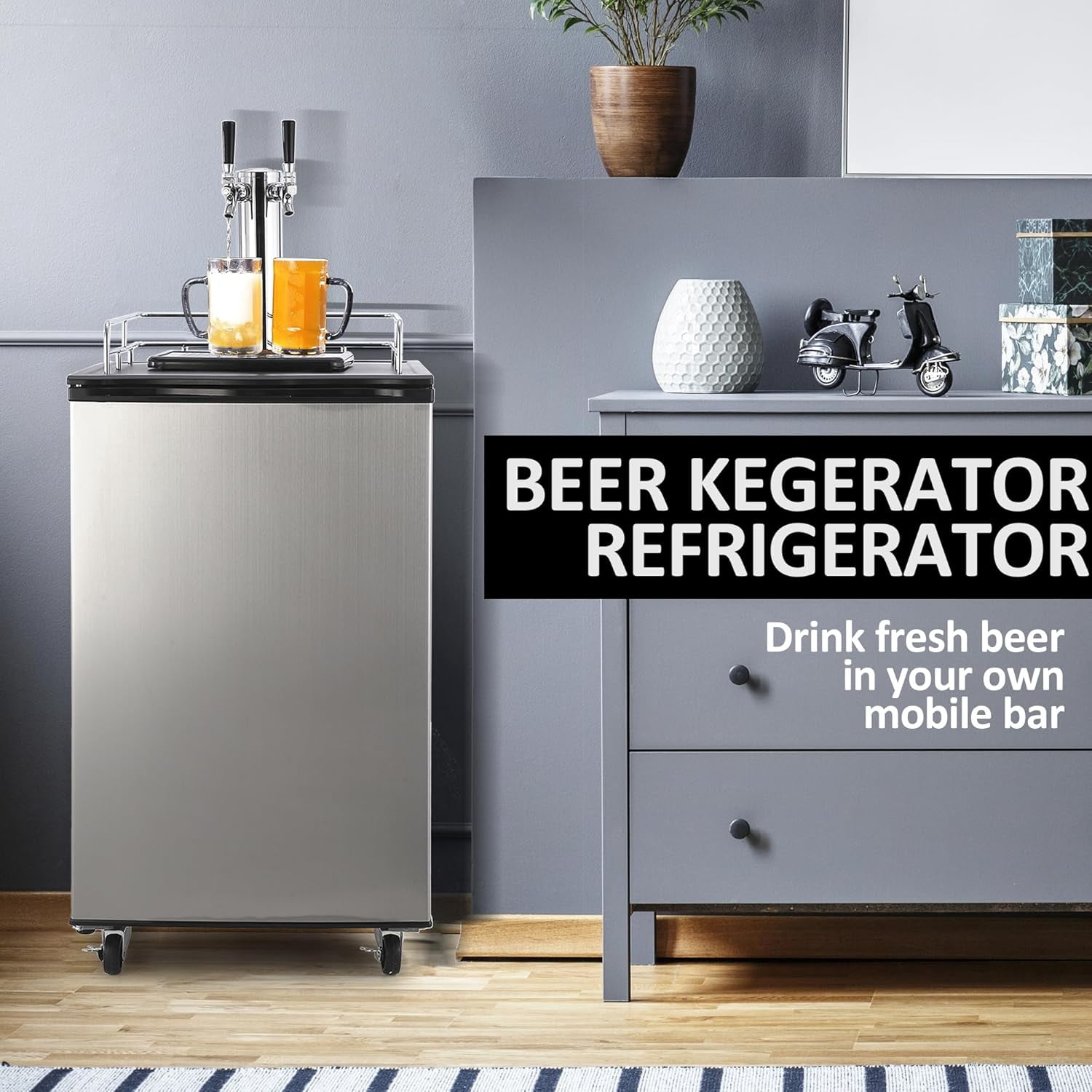M optimized Beer Kegerator, Dual Tap Draft Beer Dispenser, Full Size Stainless Steel Keg Refrigerator with Drip Tray & Rail, 32°F- 50°F Temperature Control, 170L
