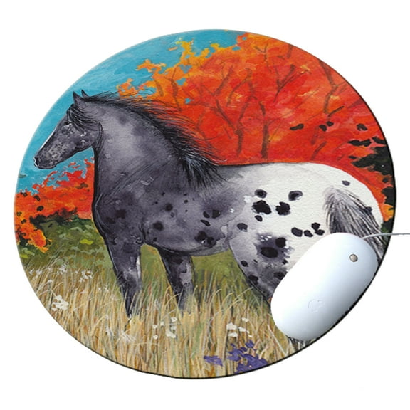 KuzmarK Round Mousepad / Hot Pad / Trivet - Black Blanket Appaloosa in Autumn Horse Art by Denise Every