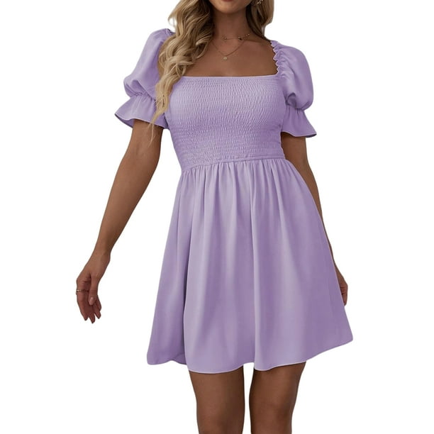 Txlixc Vestido de manga corta de mujer, cuello cuadrado, pliegue de pliegue Txlixc moda