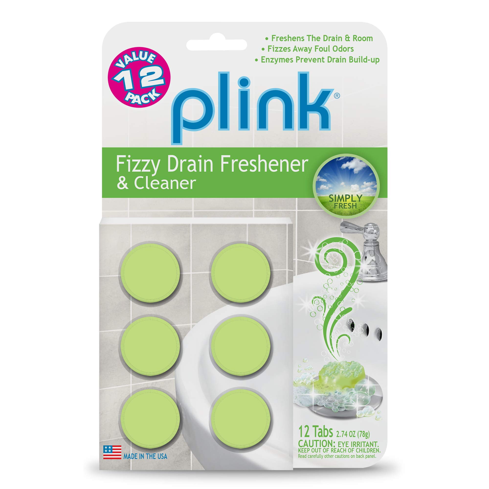 Plink Fizzy Drain Freshener and Cleaner Simply Fresh Scent, 12 Tabs