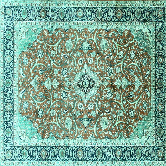Ahgly Company Indoor Square Medallion Turquoise Blue Traditional Area Rugs, 4' Square