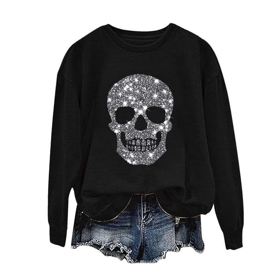 yardsong Halloween Sweatshirt for Women Long Sleeve Cute Graphic Glitter Tees Crewneck Pullover Tops Skeleton Sequin Shirts Black,S