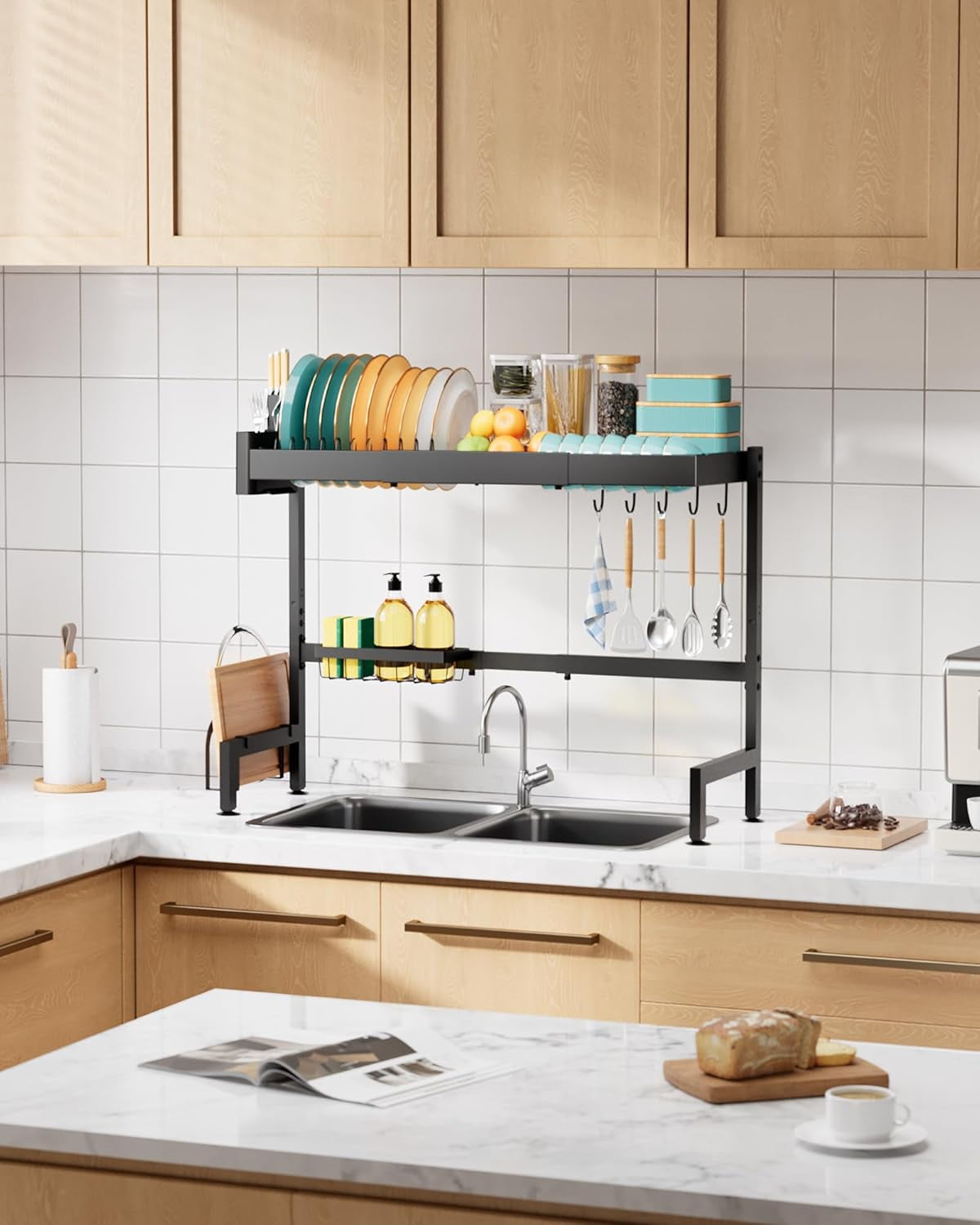 Dish Drying Rack - Over The Sink Dish Drainer Drying Rack with Utensil & Knife Holder, Hooks, Stainless Steel Kitchen Organizers and Storage Solution, 11.8" D x 31.5"~39.0''W x 30" H, Black